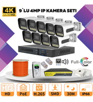 9'lu Güvenlik IP Kamera Seti - 4MP Dış Mekan Kamera, 3.6mm Lens, H.265, PoE, Warm Led Gece Görüşlü (Beyaz)
