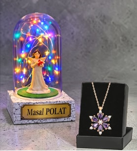 Size Özel Melekli Renkli Led Işıklı Fanus ve Gerçek Ametist Taşlı Lotus Kolye