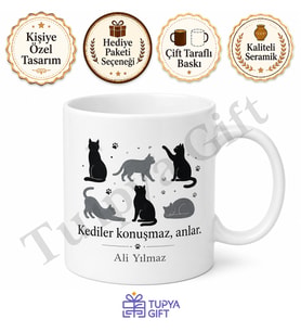 Kedili Kupa Bardak Baskılı Kedi Severler İçin Hediye Porselen Mug