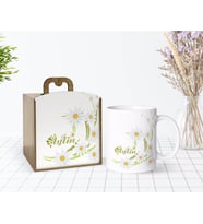 BK Gift Kişiye Özel Ahşap Kutuda Papatya Temalı Beyaz Kupa Bardak-1