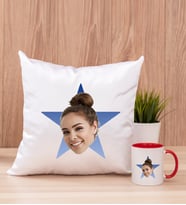 Kişiye Özel Mavi Yıldız Kafa Fotoğraflı Kare Yastık ve Kırmızı Kupa