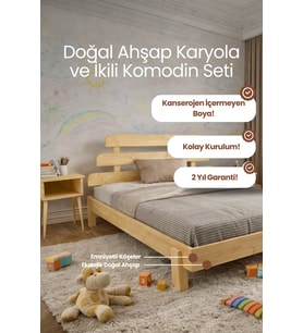 Lotus X Model Masif Ahşap Karyola ve 2 Adet Komodin Kolay Kurulum Fırınlanmış İthal Sibirya Çamı 150x200 Yatak Uyumlu 2 Adet Komodin