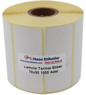 Lamine Termal Etiket 70mm x 30mm Ruloda 1000 Adet 40mm Kuka Çapında Direk Termal Transfer Etiketi