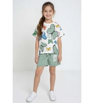 Kız Çocuk Üzeri Renkli Kelebek Baskılı Penye T-Shirt Yazı Baskılı Yeşil Şortlu T