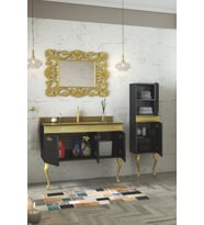 Alfa Banyo Gold SİYAH (100+35) 135 cm Cam Lavabolu Lüx Banyo dolabı Takımı**DEMONTE DEĞİL (Siyah - Altın Rengi)
