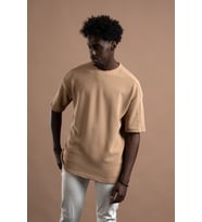 Oversize (Bol Kesim) Bisiklet Yaka Örgülü Likralı Kısa Kol T-shirt (Kahverengi)
