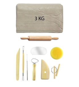 Beyaz Seramik Hamuru 3 kg Seramik Ebeşuar Başlangıç Seti 8 Parça Mini Ahşap Merdane