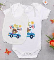BK Kids Play Day Tasarımlı Bebek Body Zıbın ve Mama Önlüğü Hediye Seti - Model 1