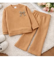 Kız Çocuk Leopar Fiyonk Baskılı Sweatshirt & İspanyol Paça Eşofman Takımı (Kahverengi)