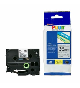 PUUN®Brother P-Touch TZE-M961 36MM x 8m Mat Gümüş Üzerine Siyah Muadil Laminasyon Etiket Şeridi
