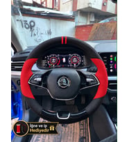 Skoda Kamiq Dikme Direksiyon Kılıfı Parlak Siyah Kırmızı Detaylı Kırmızı Çift Yüzük ve Dikiş 2019-2024