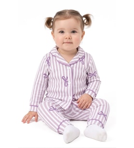 Kız Bebek Beyaz Lila Fiyonklu Çizgili Pijama Takımı