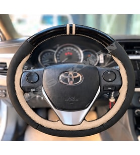 Toyota RAV4 XA40 Dikme Direksiyon Kılıfı Parlak Siyah Bej Detaylı Bej Çift Yüzük ve Dikiş 2013-2018