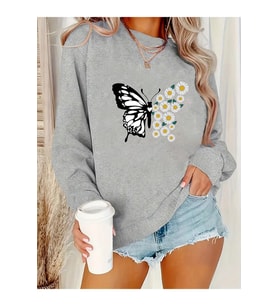 Unisex Papatya Kelebek Baskılı Tasarım Oversize Sweatshirt (Gri)