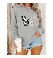 Unisex Papatya Kelebek Baskılı Tasarım Oversize Sweatshirt (Gri)