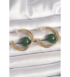 Pirinç Gold Renk Halka Model Yeşil Boncuk Detay Kadın Küpe - EBJ250412W32565 (Renksiz)