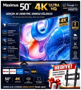 Maximus 50'' 127 Ekran Uha 50 M9P Uydu Alıcılı Google Tv Askı Aparatı Hediyeli