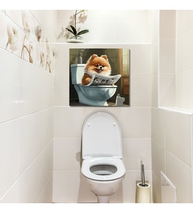 Tekli Kare Kanvas Banyo Tablosu Gazete Okuyan Pomarian Köpek