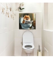 Tekli Kare Kanvas Banyo Tablosu Gazete Okuyan Pomarian Köpek