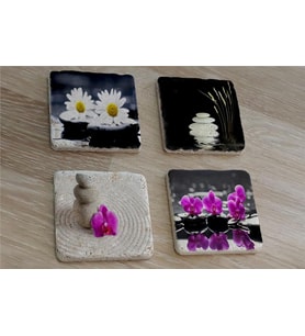 Spa Taşları Papatya ve Orkide Doğal Taş Bardak Altlığı 4'lü set - Natural Stone Coasters