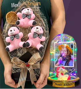 Kişiye Özel Renkli Led Işıklı Fanus ve Büyük Boy Pembe Ayıcık Buketi (Model 10)
