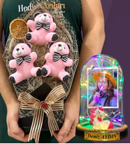 Kişiye Özel Renkli Led Işıklı Fanus ve Büyük Boy Pembe Ayıcık Buketi (Model 10)