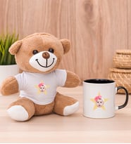 Kişiye Özel Pembe Yıldız Kafa Fotoğraflı Peluş Ayı ve Siyah Kupa