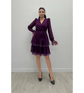 Sifon Kumaş Kruvaze Yaka Mini Elbise - PATLICAN MOR (Patlıcan Moru)