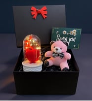 Siyah Hediye Kutusunda Led Işıklı Fanus ve Pembe Peluş Ayıcık Hediye Seti (Model 6)