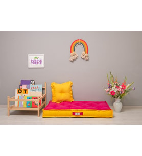 %100 Organik Yatak, Fransız Tarzı El Yapımı Bebek ve Çocuk Yatağı, Dekoratif Minder / Çift Renk Fuşya-Sarı 60x120x15 cm