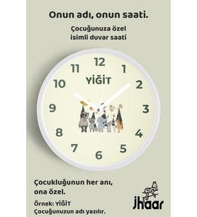 İsme Özel Sevimli Hayvanlar Çocuk Odası Duvar Saati Orta Boy 30 cm Beyaz Camlı Sessiz