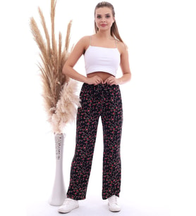 20070786 Örme Krep Beli Lastikli Bol Paça Pantolon SIYAH ÇIÇEKLER (Siyah Desenli)