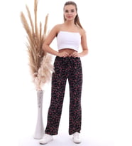 20070786 Örme Krep Beli Lastikli Bol Paça Pantolon SIYAH ÇIÇEKLER (Siyah Desenli)