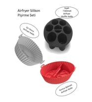 Airfryer 3'lü Pişirme Seti, GRİ Yonca, KIRMIZI 2 Bölmeli, SİYAH Muffin Fırın Silikon Hava Fritözü