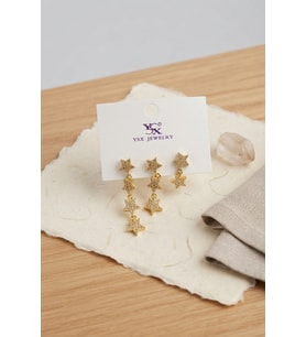 Pirinç Gold Renk Zirkon Taşlı Sallantılı Yıldız Model Kadın Küpe Seti 5886 - SSSSSS8062-41