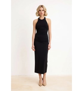 Kadın Kolsuz Bisiklet Yaka Midi Elbise Büzgülü Detaylı Bodycon Kesim Esnek Örme Kumaş Günlük Rahat