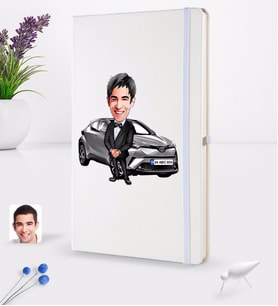 BK Gift Kişiye Özel Plakalı Erkek Toyota C-HR Karikatürlü Beyaz Termo Deri Defter 16x24cm Model 1