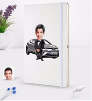 BK Gift Kişiye Özel Plakalı Erkek Toyota C-HR Karikatürlü Beyaz Termo Deri Defter 16x24cm Model 1