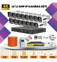 15'li Güvenlik IP Kamera Seti - 4MP Dış Mekan Kamera, 3.6mm Lens, H.265, PoE, Warm Led Gece Görüşlü (Beyaz)