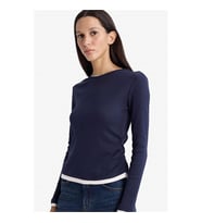 Defacto Slim Fit Ribana Lacivert Kadın Uzun Kollu T-shirt E6548AX/NV245
