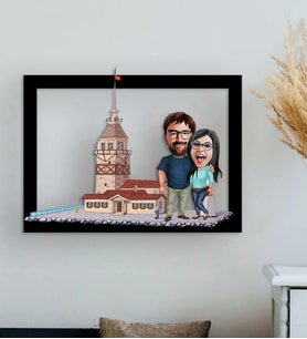 BK Gift Kişiye Özel Sevgililer Kız Kulesi Karikatürlü 3D Ahşap Tablo-1