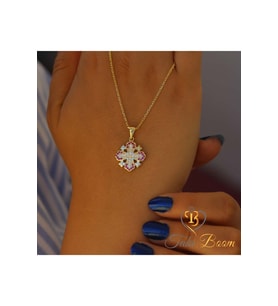 Kırmızı Küçük Haç Kolye, Kudüs Haçı Kolye, Miks Taşlı Haç, Jerusalem Gümüş Kolye, Hristiyan Kolyesi (Gold)