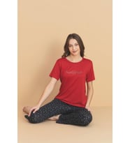 Pijamerry Kadın Bisiklet Yaka MİLAN Kumaş Likralı Kısa Kollu Pijama Takımı 5936 - 1 Adet (Kırmızı)