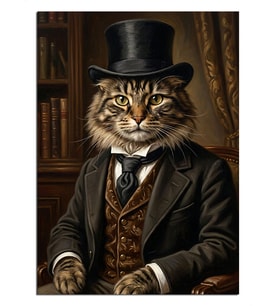 Silindir Şapkalı Beyefendi Kedi Portresi Dekoratif Kanvas - Mdf Ahşap Tablo