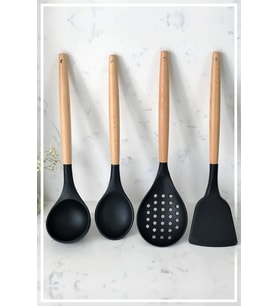 Silikon Bambu Saplı 4 Parça Mutfak Servis Seti Siyah (KEPÇE-KAŞIK-KEVGİR-SPATULA)
