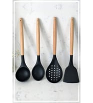 Silikon Bambu Saplı 4 Parça Mutfak Servis Seti Siyah (KEPÇE-KAŞIK-KEVGİR-SPATULA)