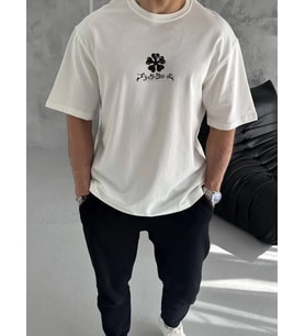 Erkek Kısa Kol Tişört Bisiklet Yaka YONCA Baskılı Oversize T-Shirt - Beyaz