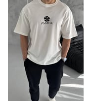 Erkek Kısa Kol Tişört Bisiklet Yaka YONCA Baskılı Oversize T-Shirt - Beyaz