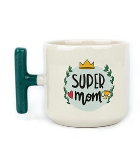Super Mom Yazı Baskılı Yeşil Kulplu T Kupa