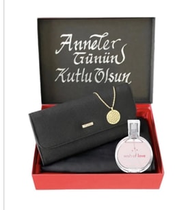 Anneler Günü Siyah Penye Şal -Carlino Cüzdan -Yaşam Çiçeği Çelik Kolye-Avon Parfüm